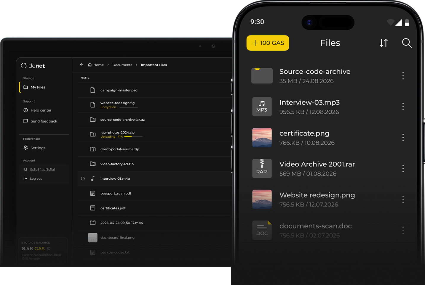 DeNet Storage desktop and mobile app