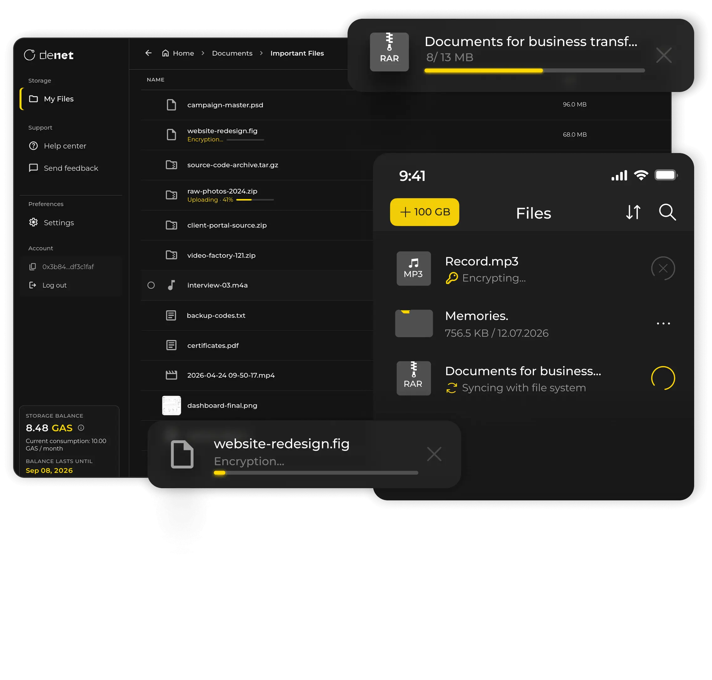 DeNet Storage desktop and mobile app preview